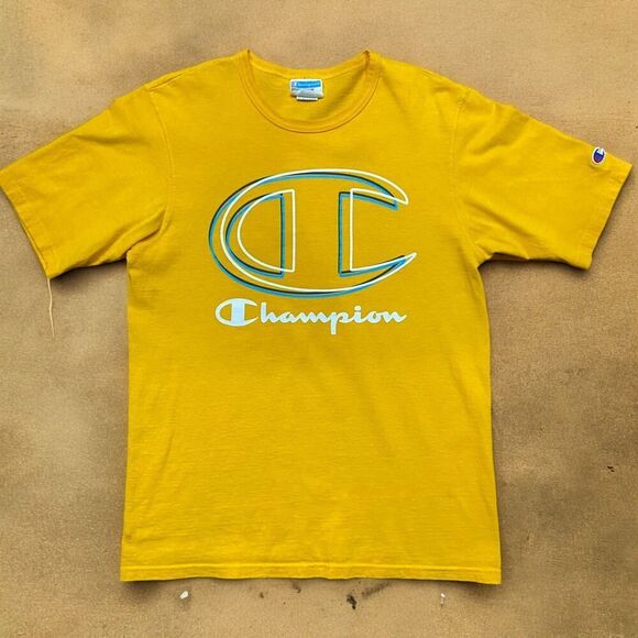Champion Vintage Big Logo Golden Yellow Cotton Tee T-Shirt Men's Size Medium - Picture 1 of 8